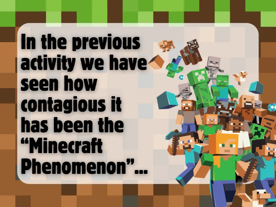 Minecraft Phenomenon recap: slide links back to the previous activity, beside a crowd of Minecraft characters and mobs