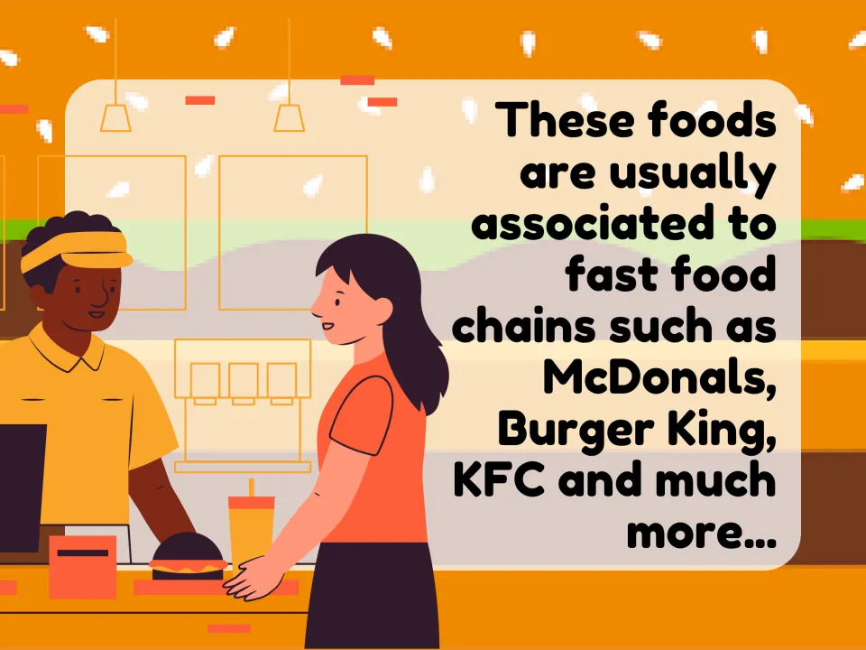 Fast food chains slide linking these foods to McDonald's, Burger King and KFC, shown with a customer at a service counter
