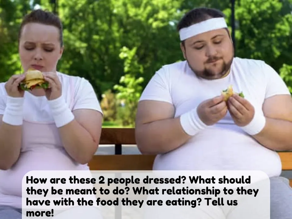 Picture description: two people in sportswear eat burgers on a bench; students explain their clothes and link to the food