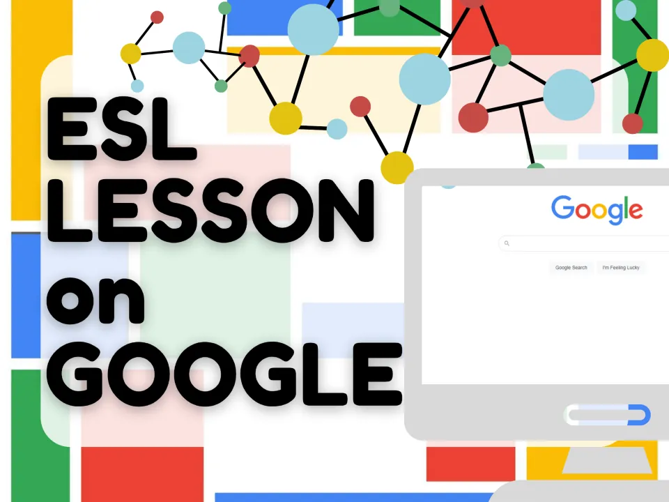 ESL lesson on Google title slide showing the Google search home page on a desktop monitor beside the bold lesson title