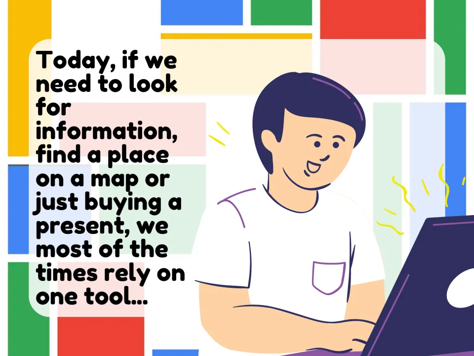 Everyday searching intro: a smiling boy at a laptop beside text on finding information, places on a map or a present