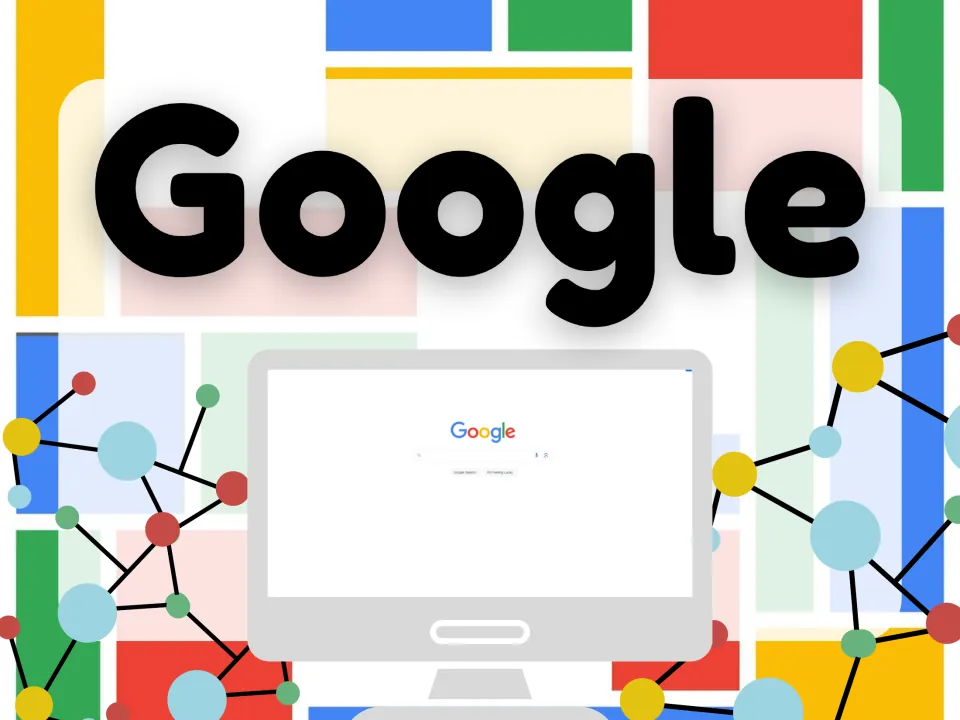 Google reveal slide: the company name in large letters above a monitor displaying its search home page
