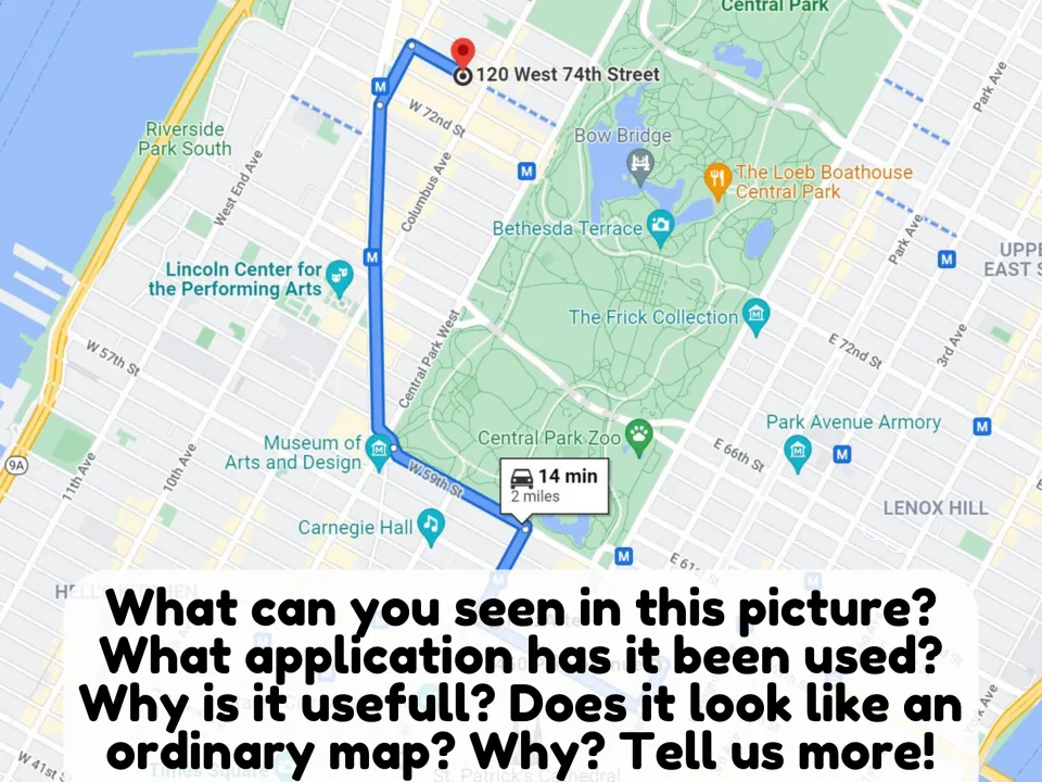 Picture description: a Google Maps route through Manhattan with questions on what the app is and why it is useful