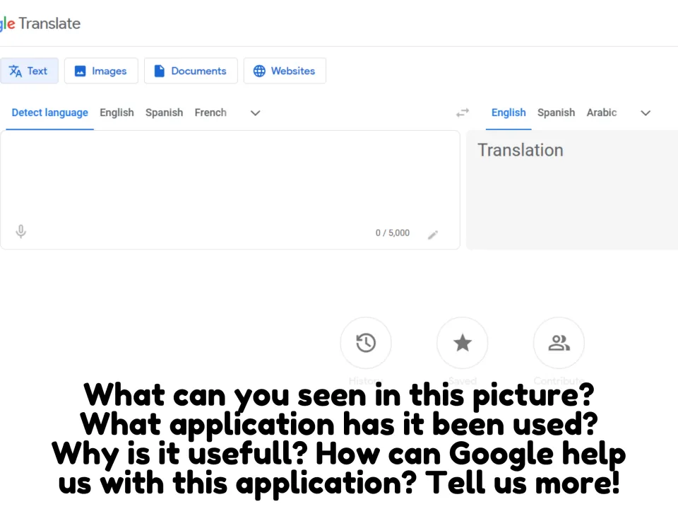 Picture description: the Google Translate screen with questions asking what the app is and how Google helps with it