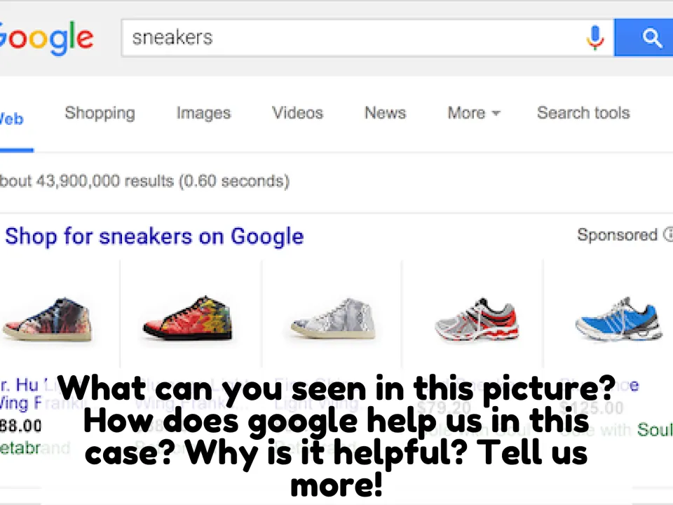 Picture description: Google search results for sneakers with shopping listings and questions on how Google helps