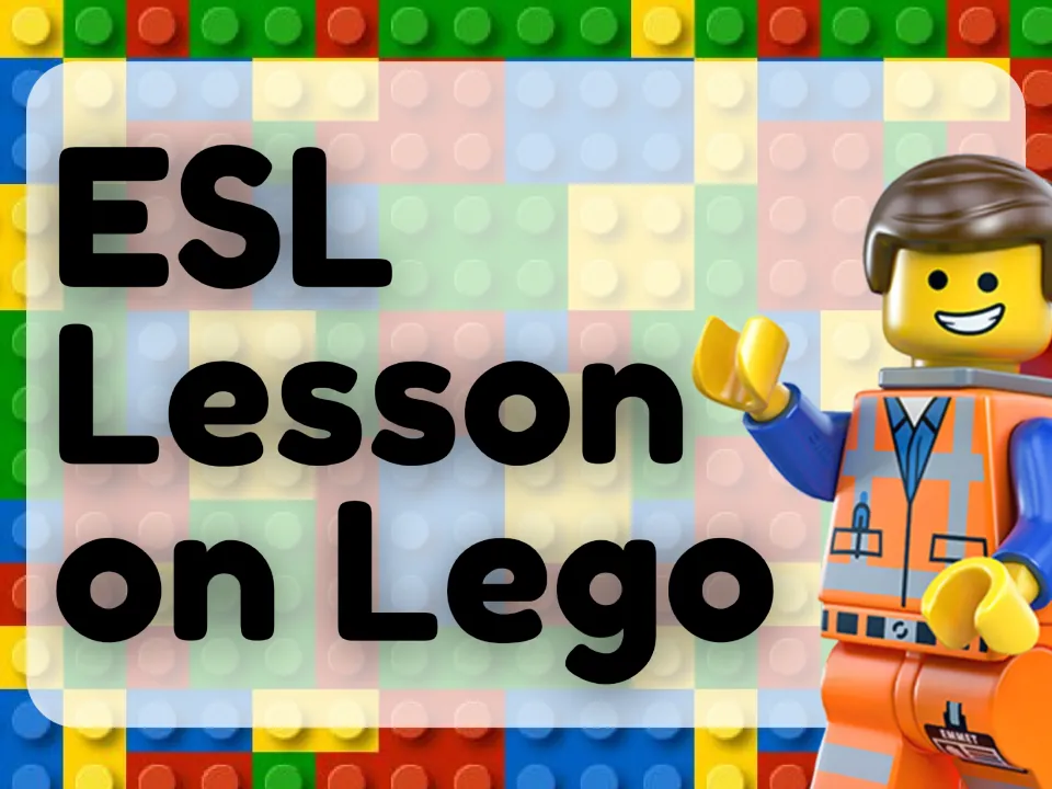 ESL lesson cover titled 'ESL Lesson on Lego,' introducing the LEGO theme for the language activities.