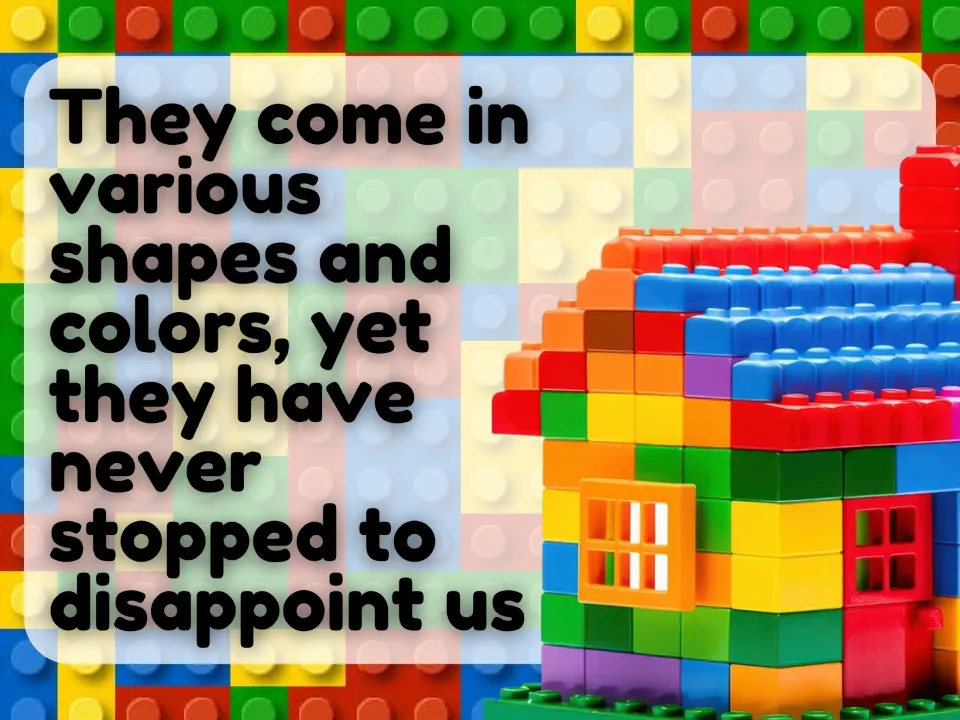 LEGO introduction slide describing the toys' various shapes and colors beside a multicolored brick house.