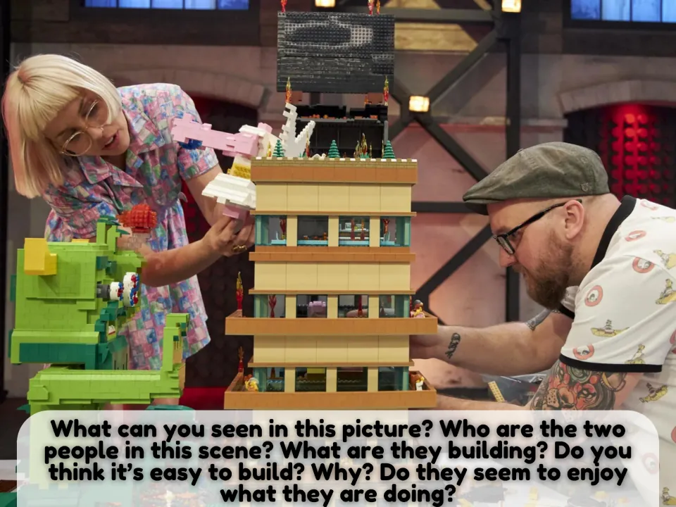 First picture-description scene: two adults building with LEGO, with questions about difficulty and enjoyment.