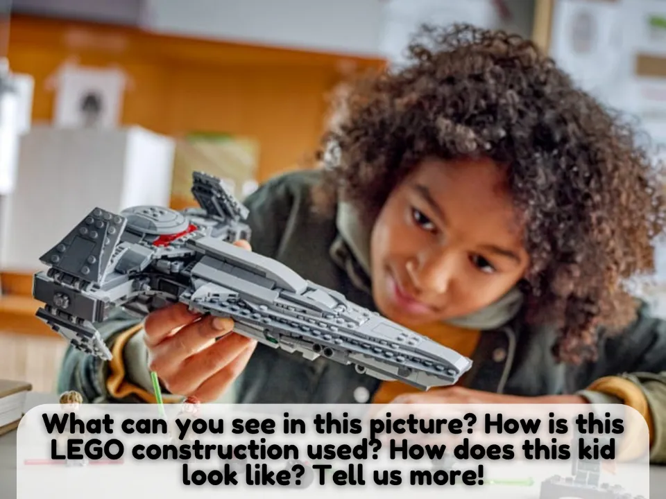 Second picture-description scene: a child holding a LEGO spacecraft, with prompts about its use and the child.