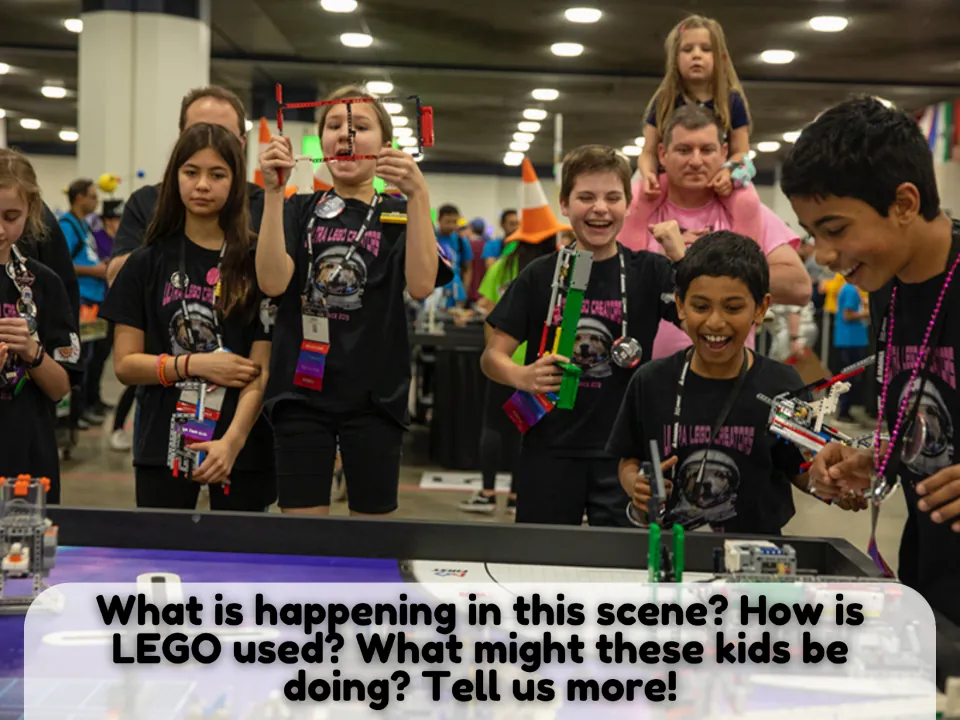 Third picture-description scene: kids at a LEGO competition, with questions about LEGO use and their actions.