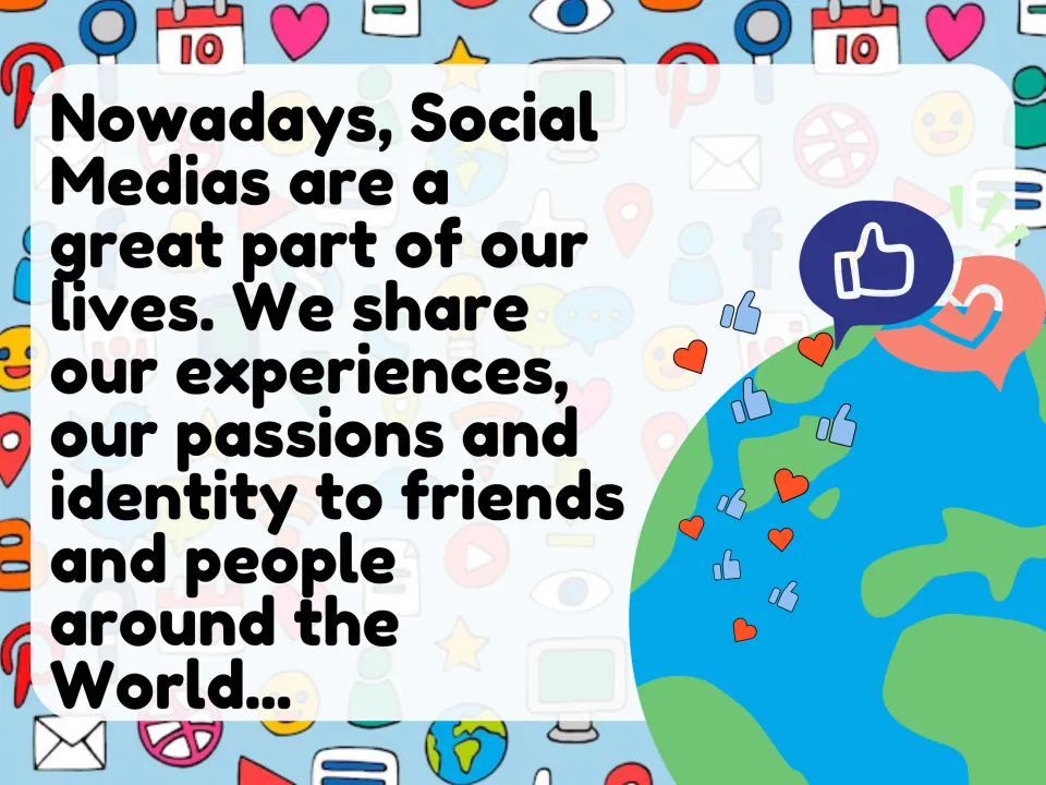 Intro slide: online platforms let us share experiences, passions and identity with people around the world, beside a globe