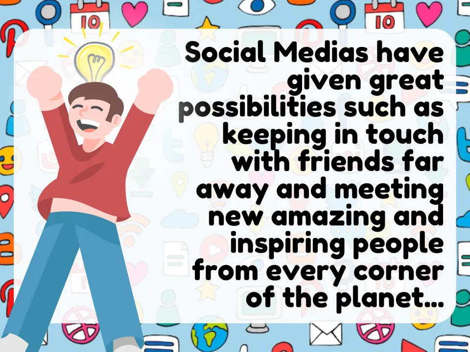 Benefits of being online: keeping in touch with distant friends and meeting inspiring people worldwide, with a cheering boy