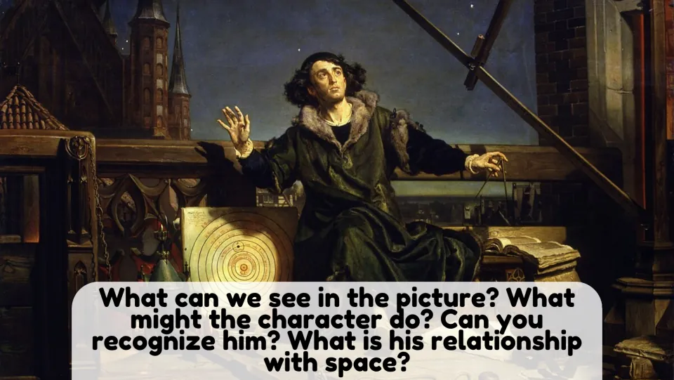 Picture description: students describe a painting of an astronomer under the night sky and his link to space