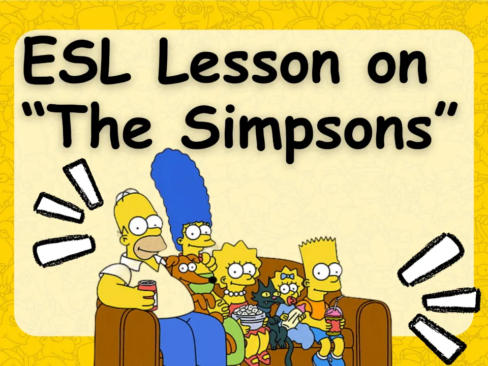 ESL lesson cover introduces The Simpsons with Homer, Marge, Bart, Lisa, and Maggie sitting on a couch.