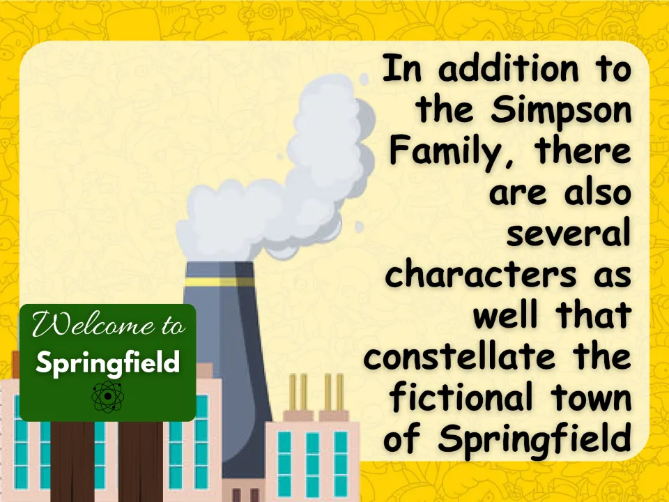 Setting introduction slide explains that other characters join the Simpsons in the fictional town of Springfield.