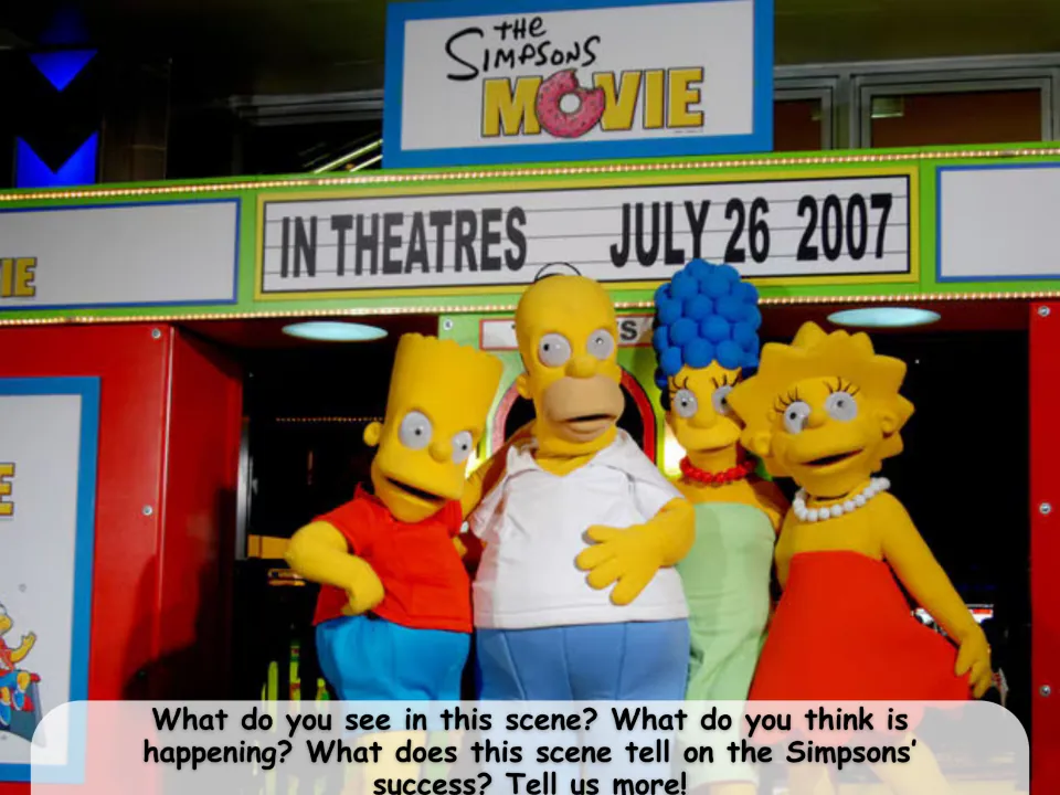 Second picture prompt shows Simpsons movie costumed characters and asks what the scene says about the show's success.