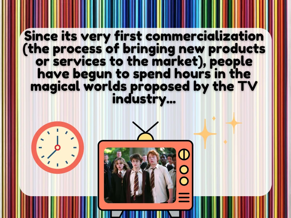 TV industry introduction defines commercialization and describes people spending hours in television worlds.