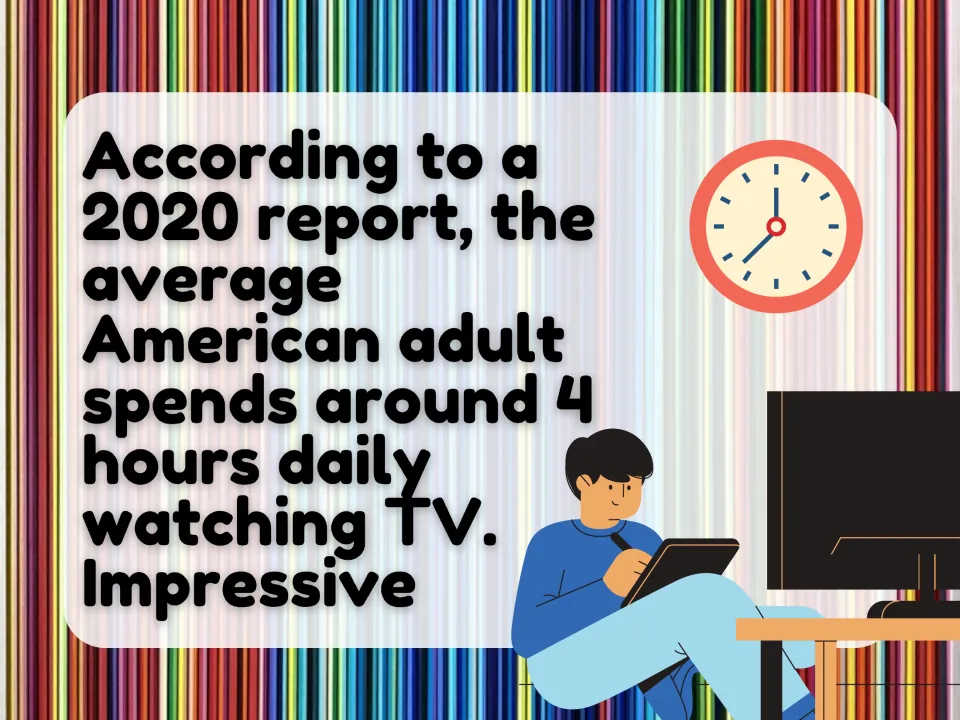 TV lesson slide cites a 2020 report stating that the average American adult watches about four hours daily.