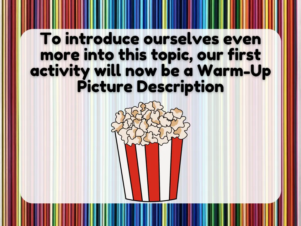 TV lesson activity introduction announces a warm-up picture description as the first task on the topic.