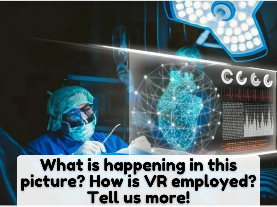 First picture-description scene shows a doctor operating beside a digital heart display and asks how VR is used