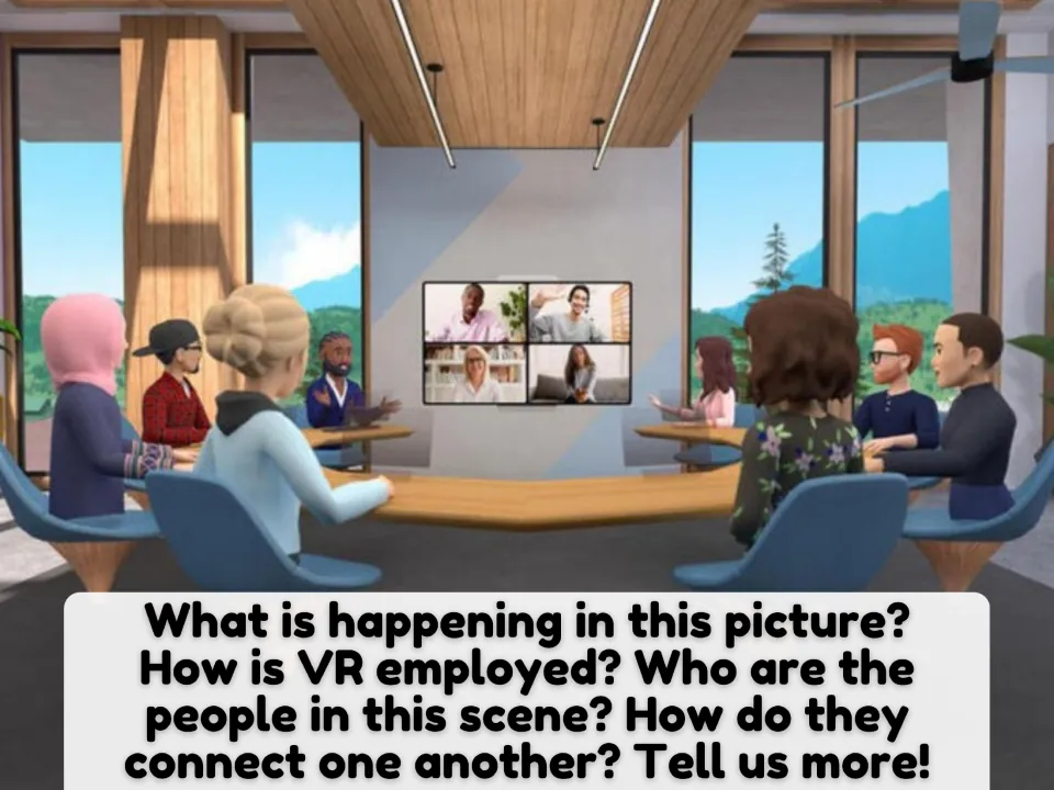 Second picture-description scene shows a virtual meeting and asks who the people are and how they connect