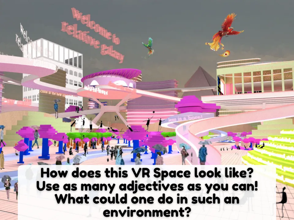 Third picture-description scene asks for adjectives describing a VR space and ideas for activities there