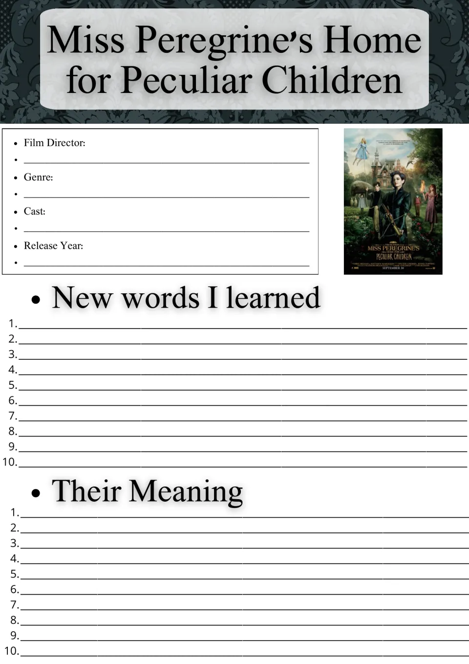 Movie guide cover: students record director, genre, cast and year, then list 10 new words with their meanings