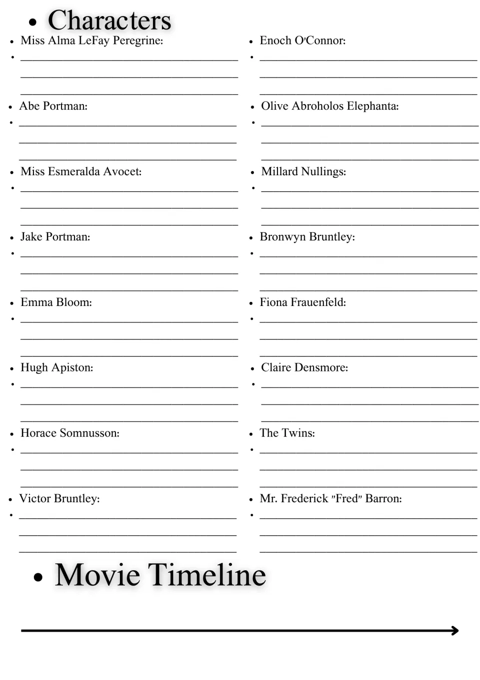 Characters: students write notes on 16 film characters, from Miss Peregrine to Fred Barron, and start a movie timeline