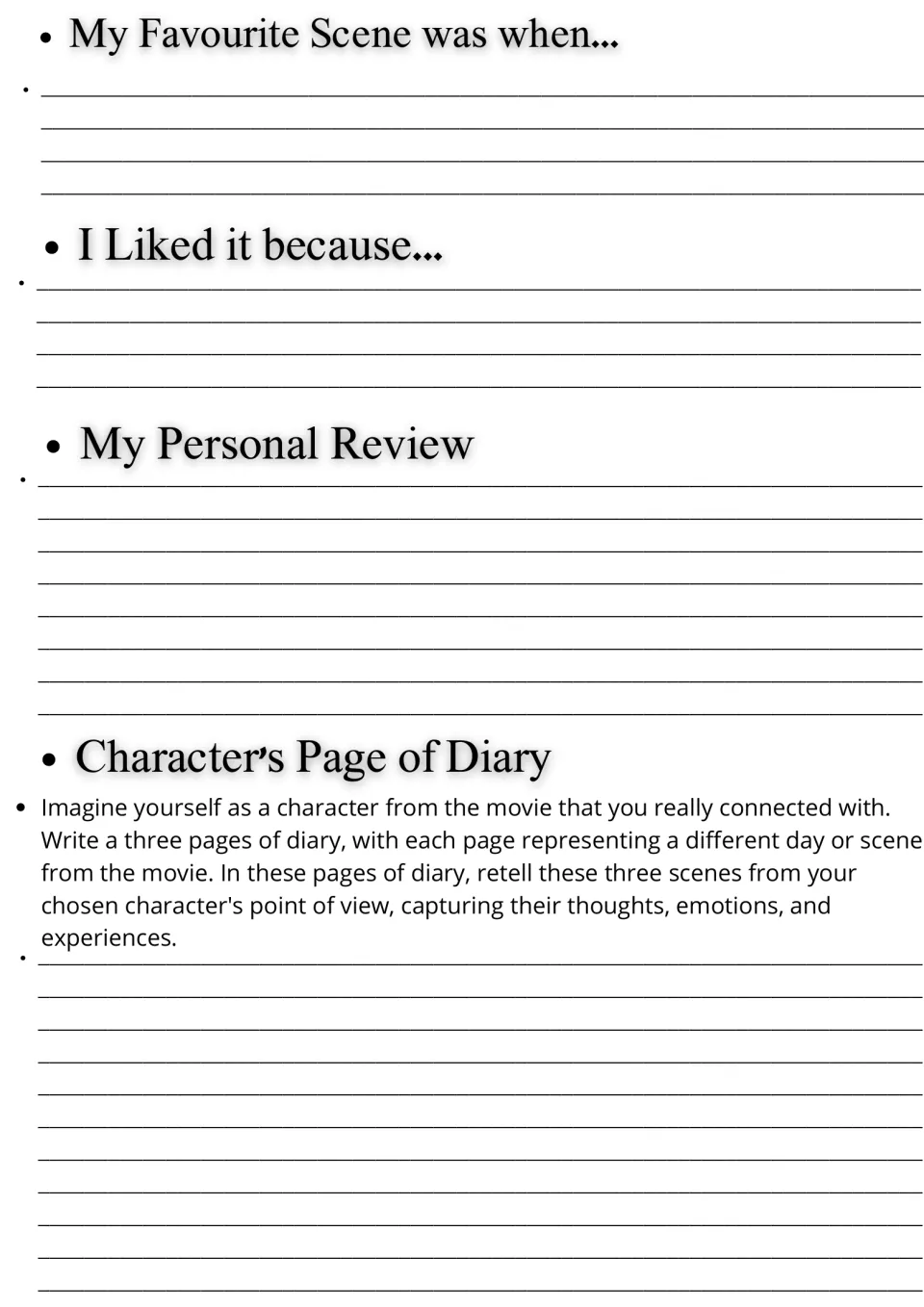 Movie response writing: students describe a favourite scene, why they liked it, a personal review and three diary pages