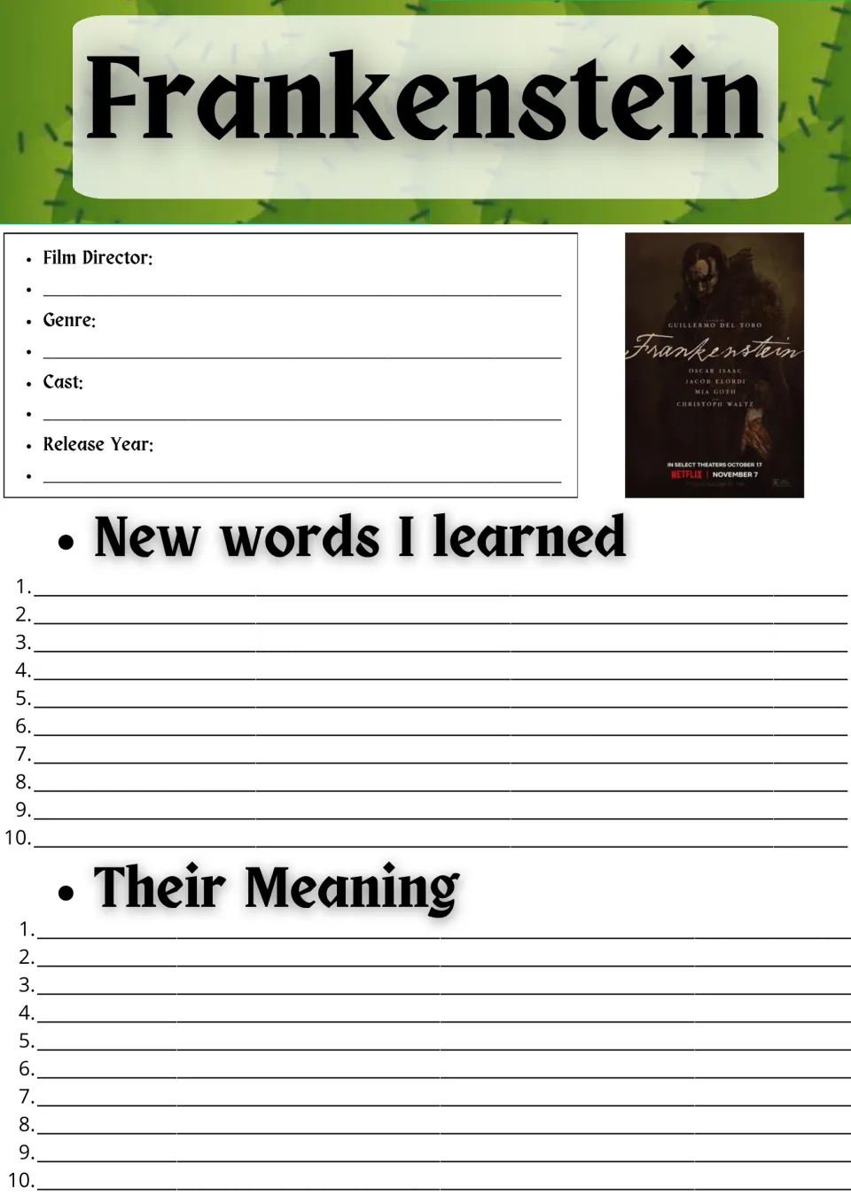 Frankenstein film facts: students note director, genre, cast and release year, then list 10 new words and their meanings