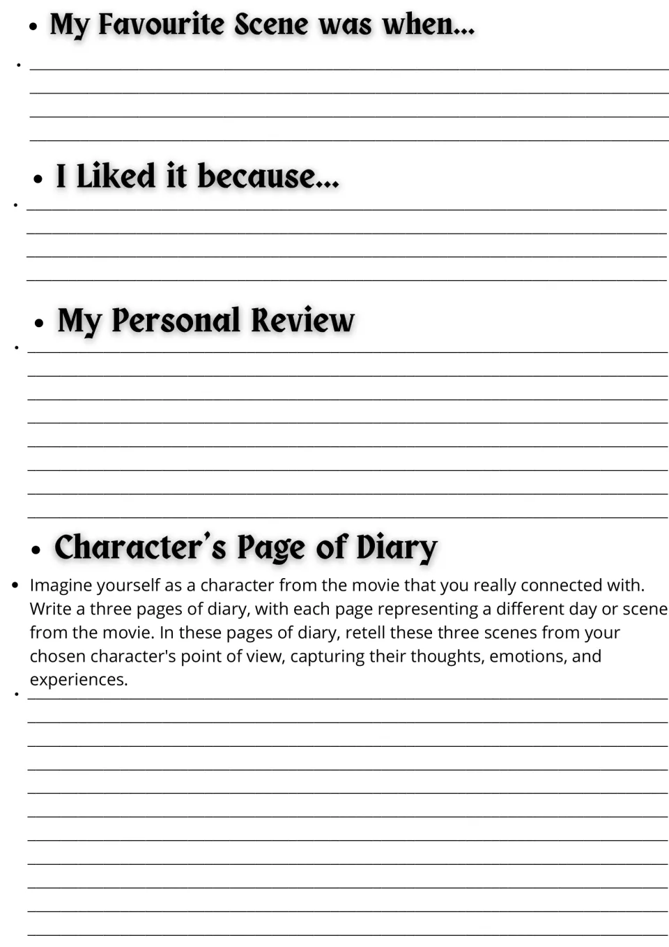 Film response: students recall a favourite scene, say why they liked it, write a review and a 3-entry character diary