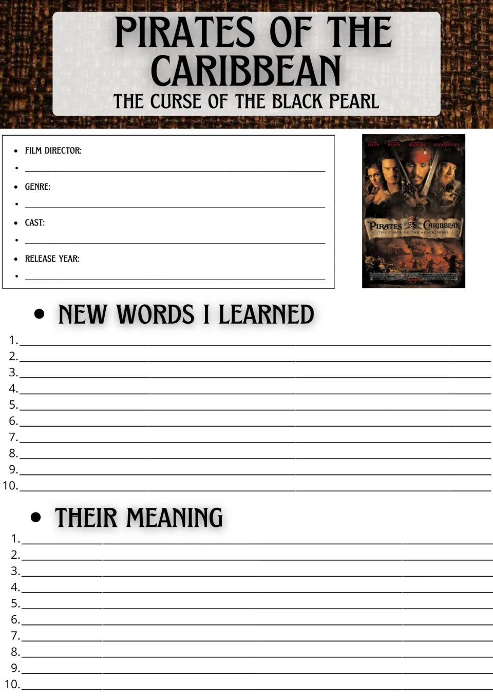 Curse of the Black Pearl facts: students note director, genre, cast and release year, then list 10 new words and meanings