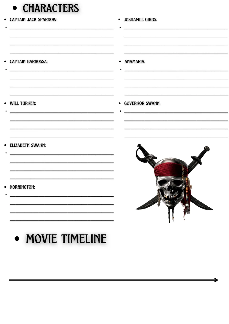 Character notes: students describe Jack Sparrow, Barbossa, Will Turner and five others, then sequence events on a timeline