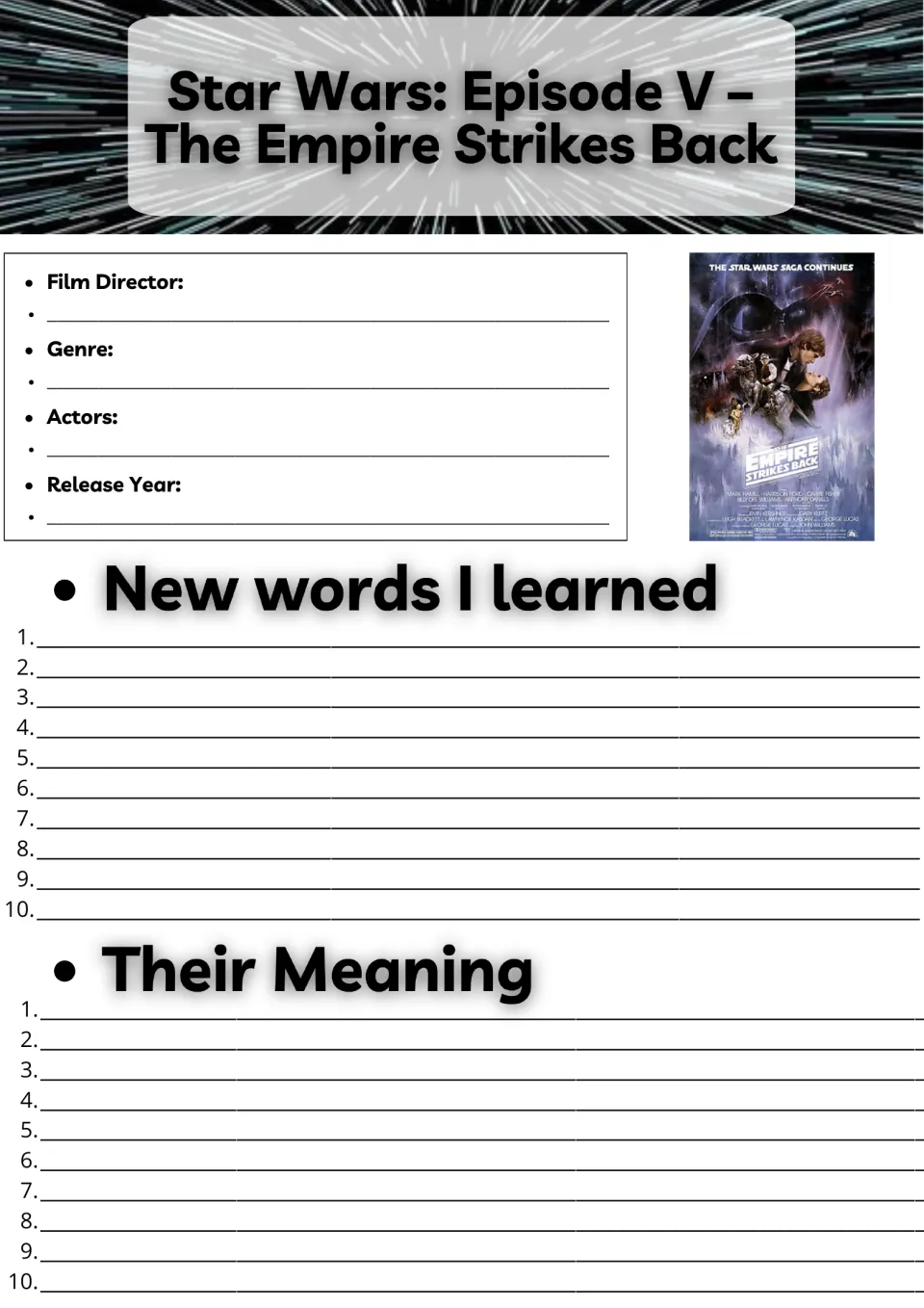 Movie guide opening page: director, genre, actors, release year, and 10 new words with their meanings.
