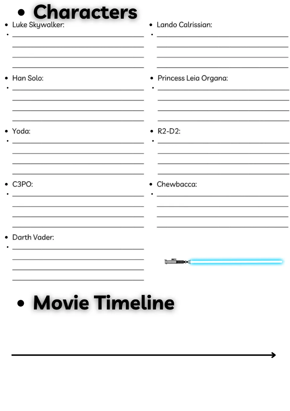 Movie guide character notes for Luke Skywalker, Han Solo, Yoda, Darth Vader, and five more, plus a timeline.