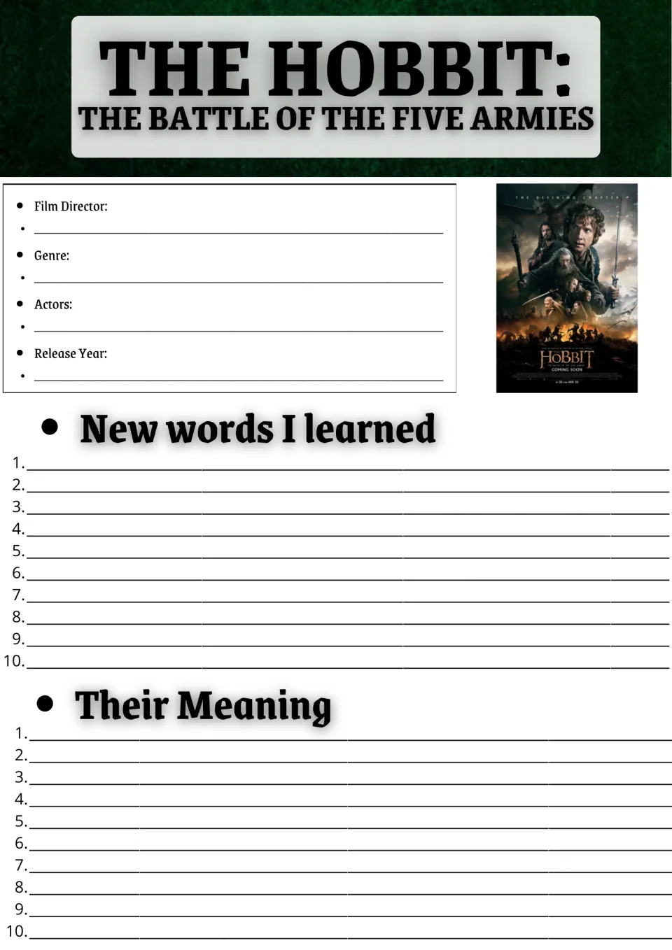 Movie guide opening page: director, genre, actors, release year, plus 10 new vocabulary words and their meanings