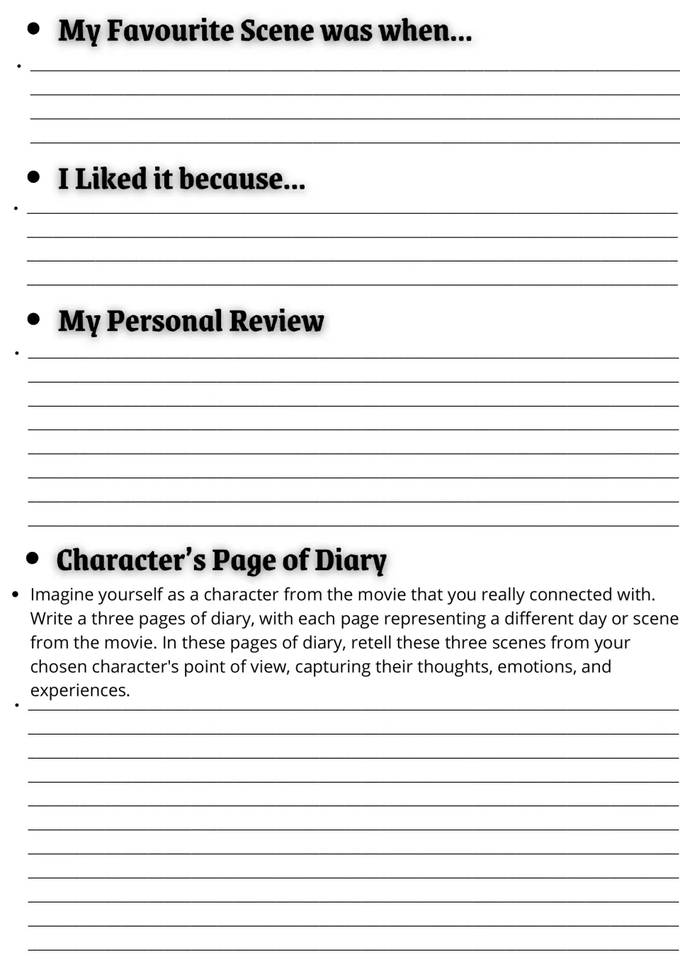 Movie guide writing prompts: favorite scene, reasons for liking it, personal review, and a three-page character diary