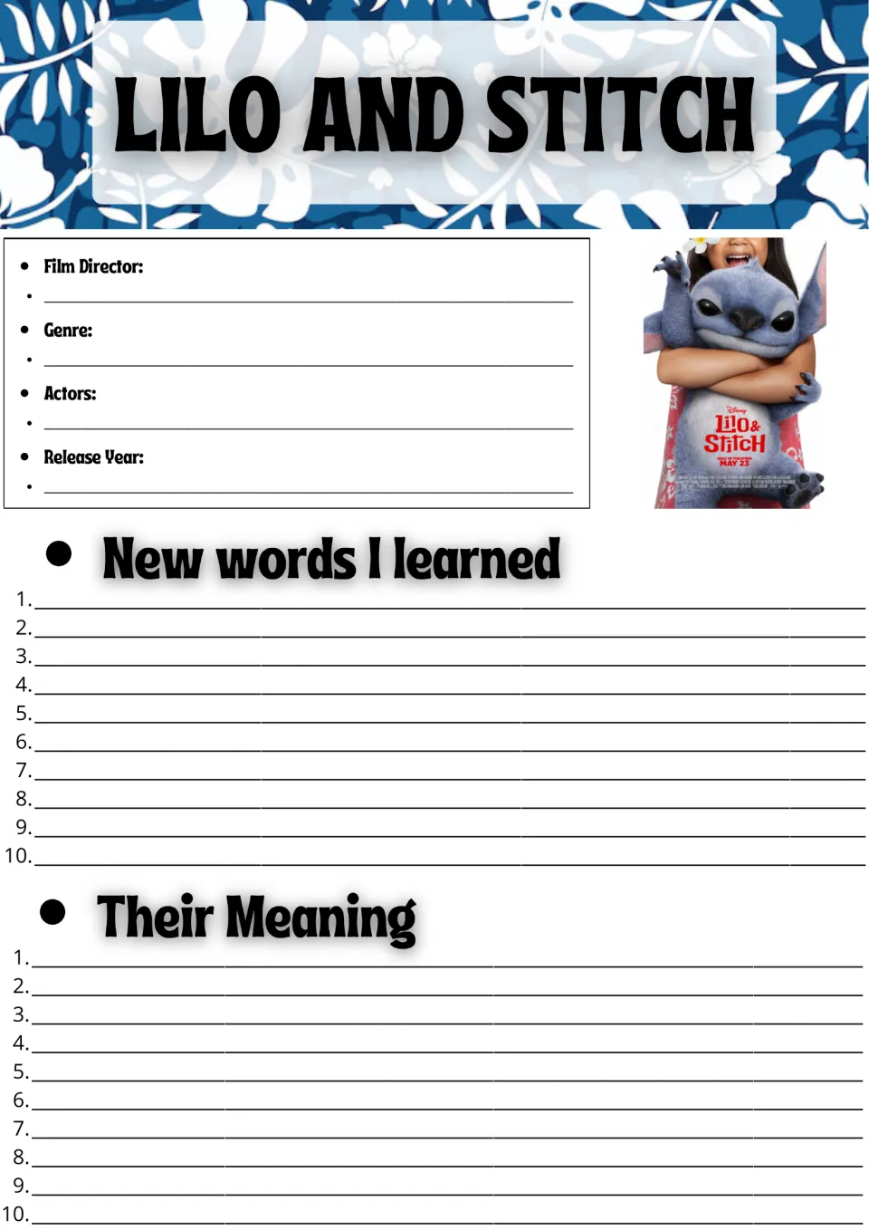 Lilo and Stitch film facts: students note director, genre, actors and year, then list 10 new words and their meanings