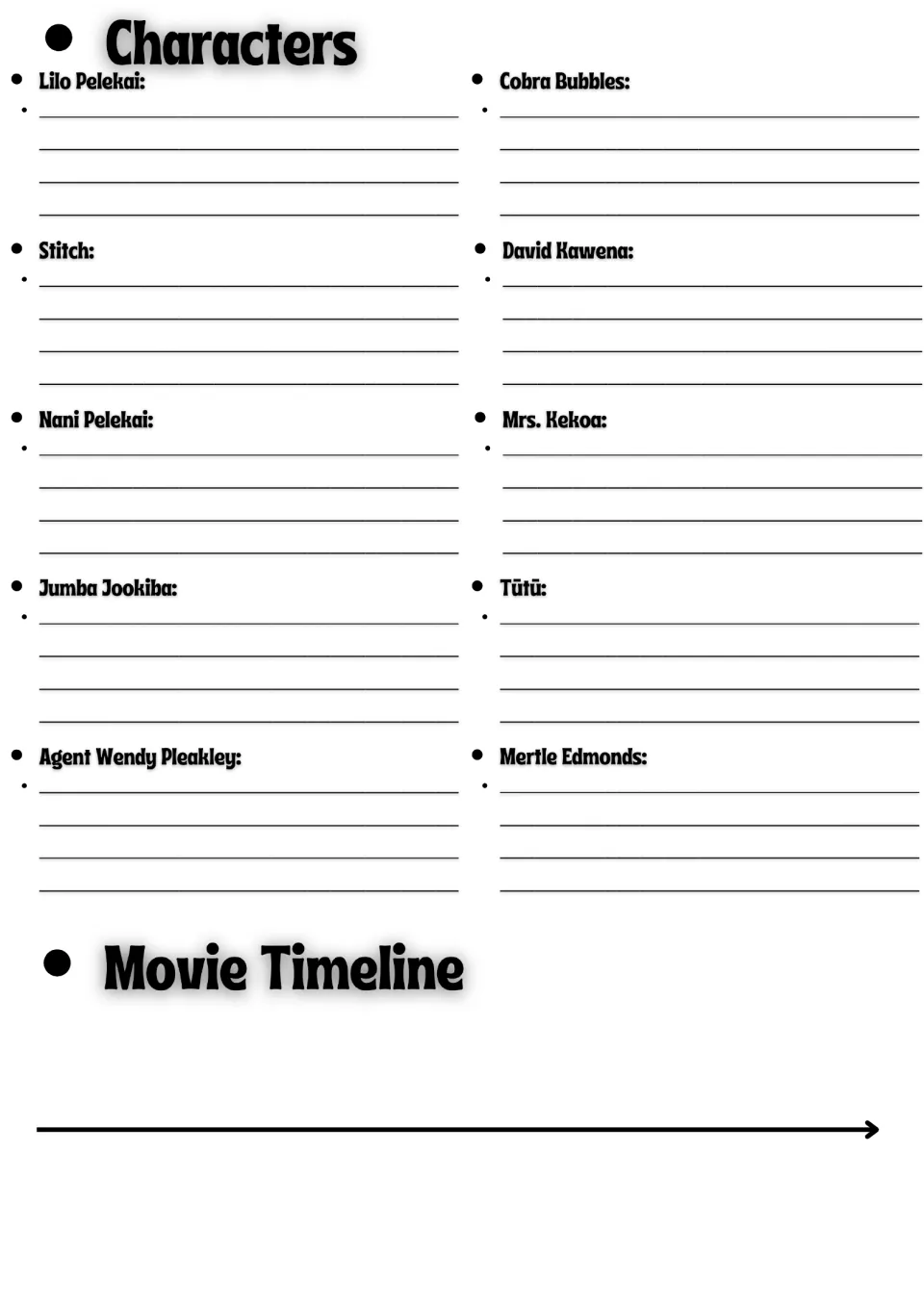 Characters: students describe Lilo, Stitch, Nani, Cobra Bubbles and 6 more, then sequence events on a movie timeline
