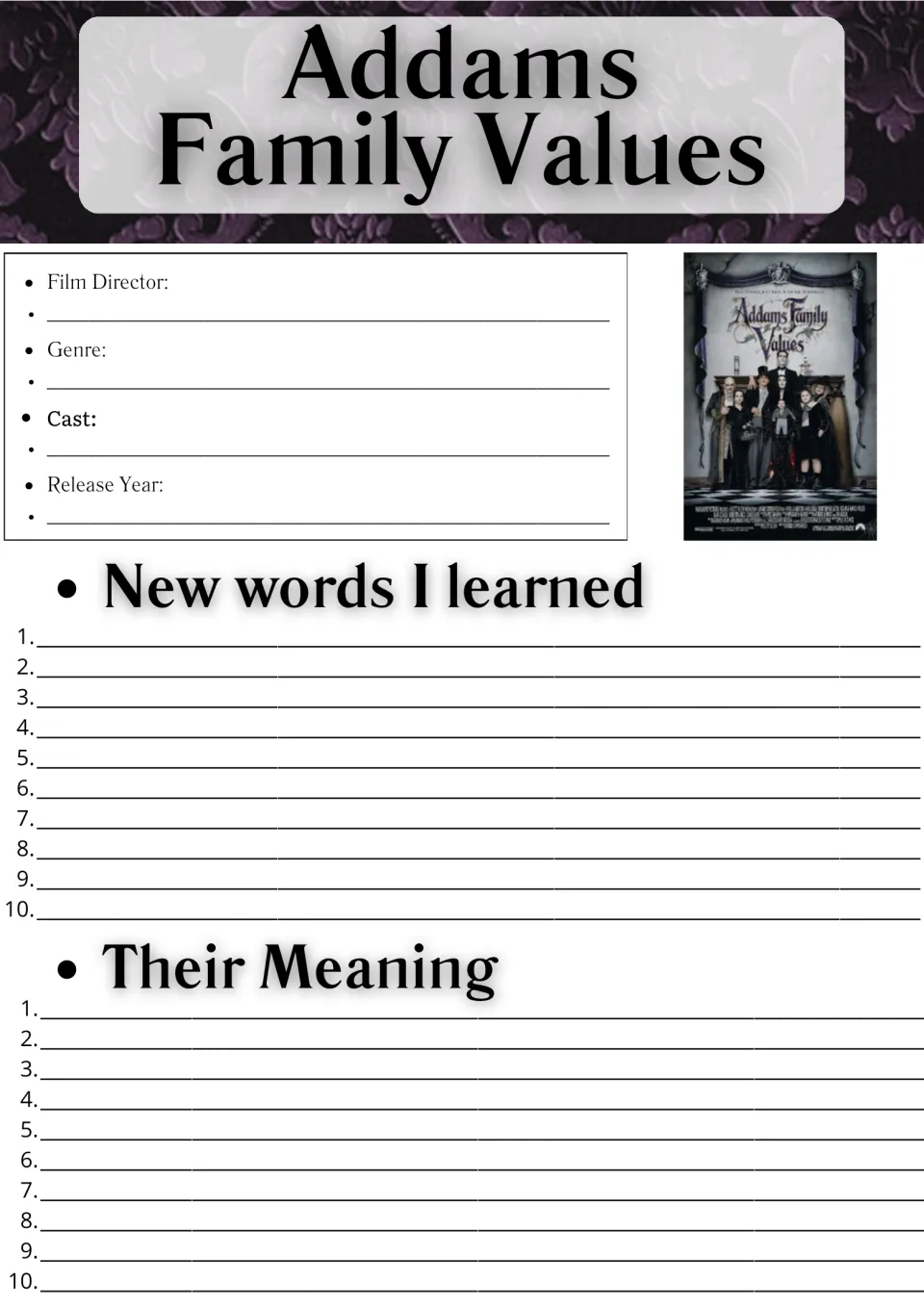 Movie guide opening page: director, genre, cast, release year, and spaces for 10 new words and their meanings.