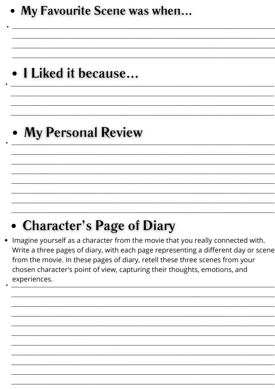 Movie response page: favorite scene, reasons for liking it, personal review, and a three-page character diary.