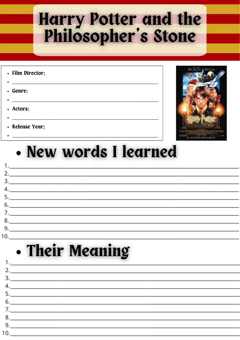 Film facts and vocabulary: students record director, genre, actors and release year, then list 10 new words with meanings