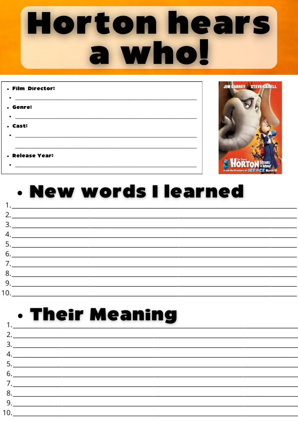 Horton Hears a Who! film facts: students note director, genre, cast and year, then list 10 new words and their meanings