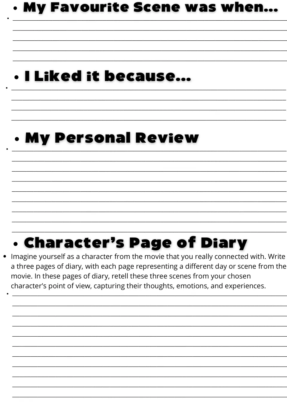 Film response: students write about a favourite scene, why they liked it, a review and a diary in a character's voice