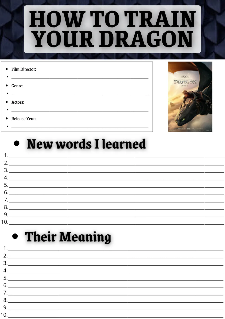 How to Train Your Dragon film facts: students note director, genre, actors and year, then list 10 new words and meanings