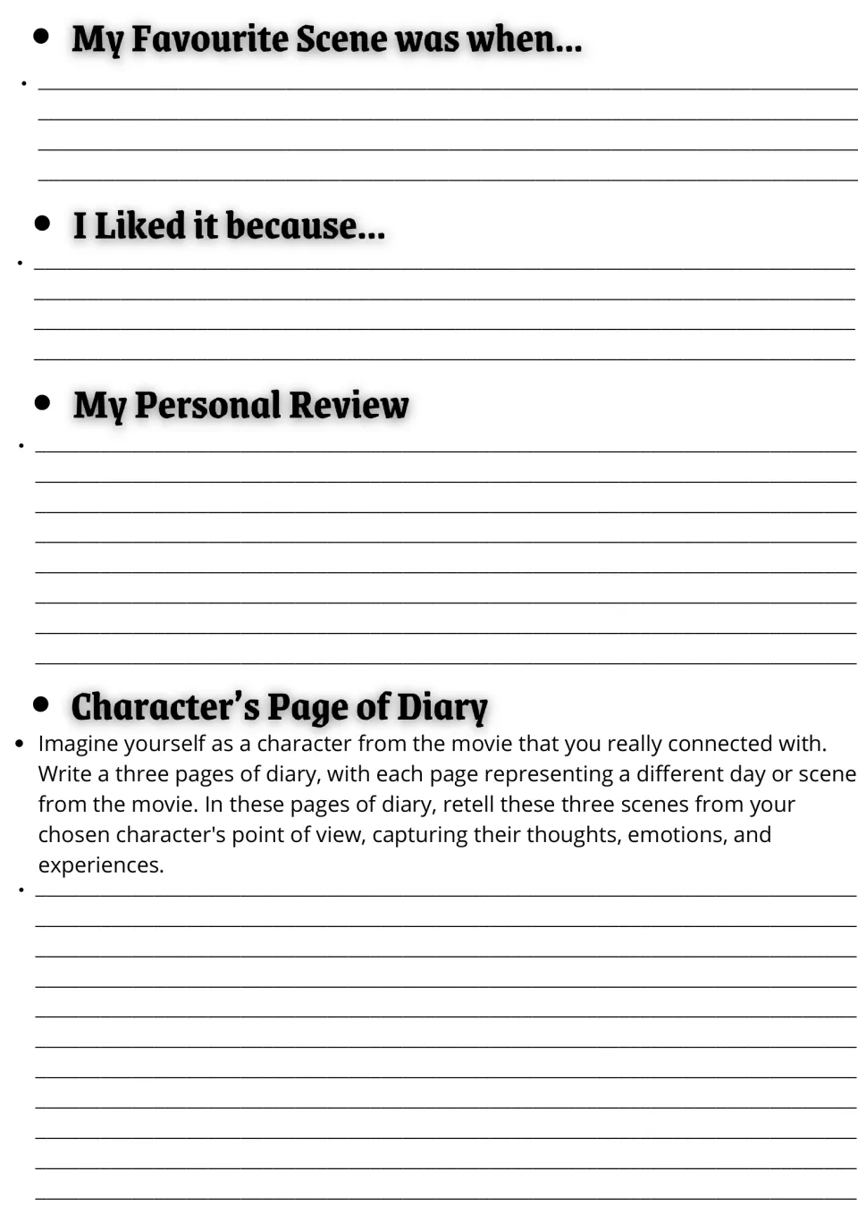 Movie response writing: students describe a favourite scene, explain why, write a review and a 3-day character diary