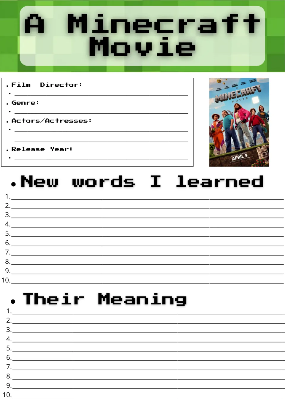 A Minecraft Movie film facts: students note director, genre, actors and release year, then list 10 new words and meanings