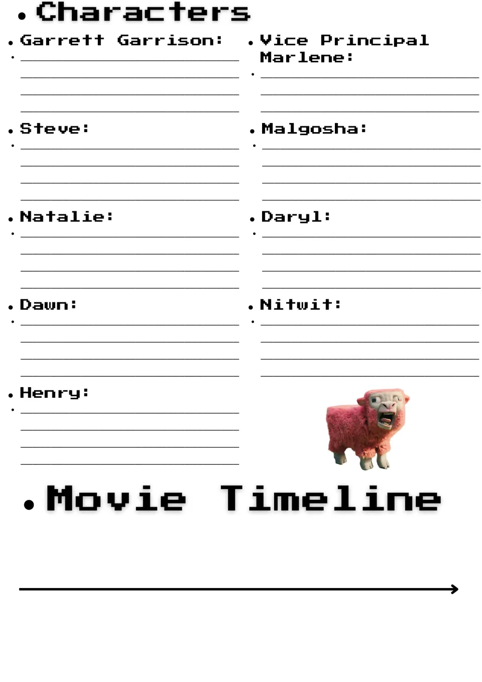 Character notes: students describe Steve, Natalie, Henry, Dawn and other movie characters, then plot a movie timeline