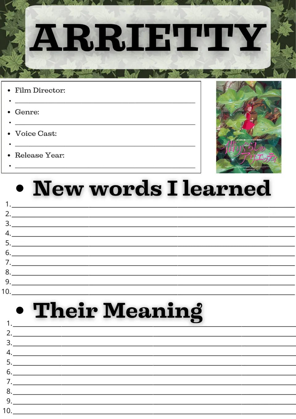 Movie guide opening page: film director, genre, voice cast, release year, and 10 new words with meanings.