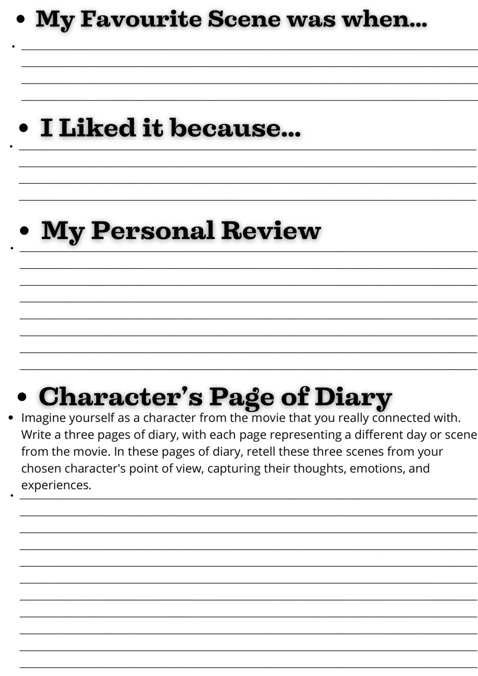 Movie response page: favorite scene, reasons for liking it, personal review, and a three-page character diary.
